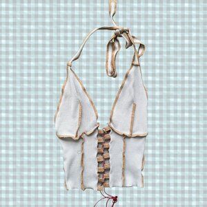 SHEIN Beige Ribbed Lace Up Halter Top Contrast Stitch Y2K S